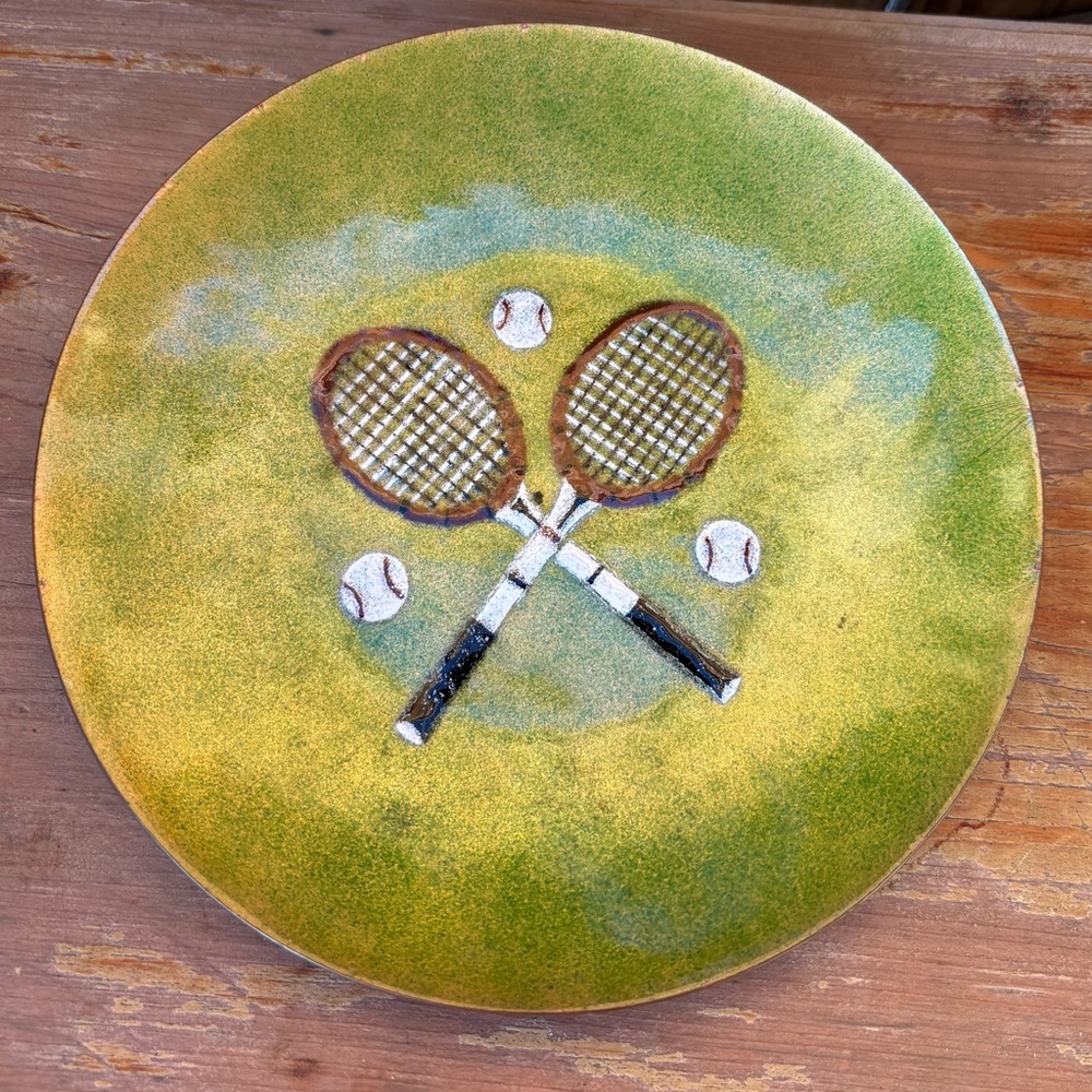 Annemarie Davidson Tennis Theme Handcrafted Green Enamel Copper Plate 7 5/8”